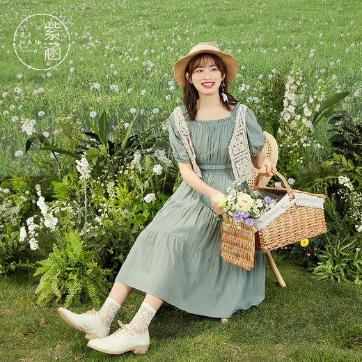 ZIHAN紫涵森系连衣裙套装夏季新款2022拼接花边裙子勾花马甲两件套散摆04ZS545 商品图1