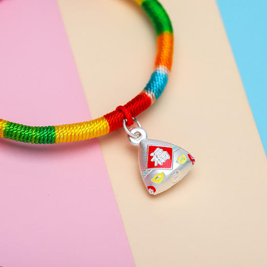 六鑫珠宝 端午节五彩绳烤漆福字可爱卡通银粽子手链 999纯银 亲子款 商品图3