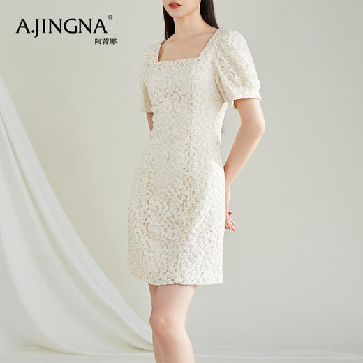 【特价不退换】阿菁娜薄纱提花俏皮法式方领泡泡袖修身连衣裙F27C212086 商品图3