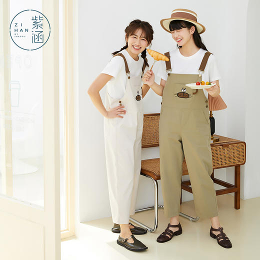 ZIHAN紫涵休闲背带裤套装女2022夏新款冰氧吧T恤+卡通刺绣背带裤两件套04BS375 商品图1