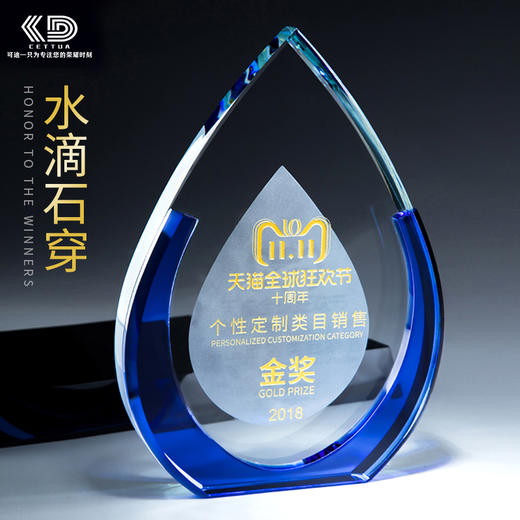 蓝色磨砂水晶奖杯定制创意奖杯刻字授权牌定做荣誉奖牌比赛纪念品 商品图0