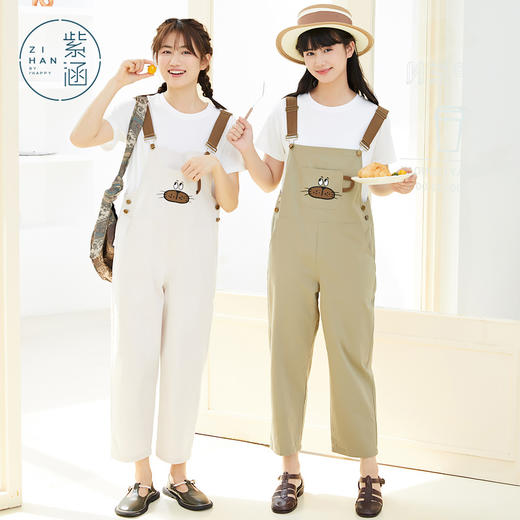 ZIHAN紫涵休闲背带裤套装女2022夏新款冰氧吧T恤+卡通刺绣背带裤两件套04BS375 商品图0