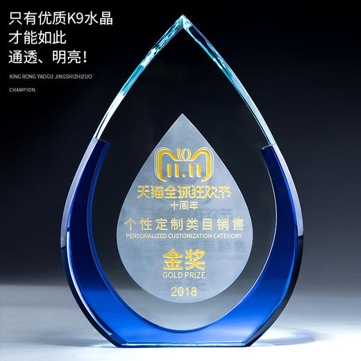 蓝色磨砂水晶奖杯定制创意奖杯刻字授权牌定做荣誉奖牌比赛纪念品 商品图1