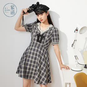 ZIHAN紫涵格纹收腰连衣裙女2022夏季新撞色织带甜美约会裙子蝴蝶结少女04AS202