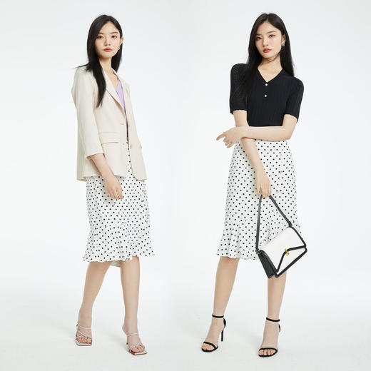 PRICH2022年夏季新款气质高腰A字职场通勤波点中长款鱼尾半身裙PRWHC6401X 商品图4
