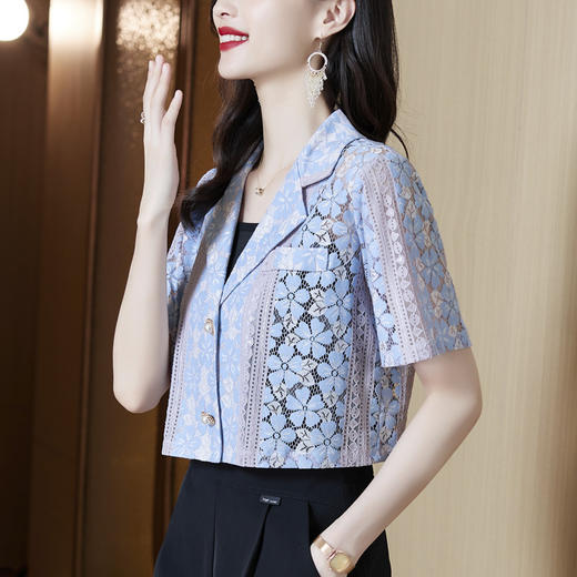 新款纯色，短款蕾丝衫修身显瘦V领开衫小西装外套KQL-8320 商品图1