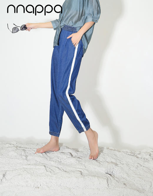 天丝牛仔拼接宽松显瘦九分扎脚裤27032 商品图1