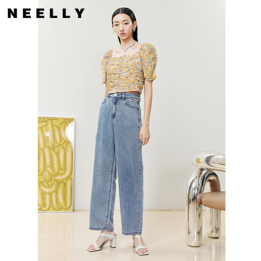 NEELLY纳俪商场同款法式方领泡泡袖衬衫女抽皱显瘦设计短款雪纺衫N22061R01181 商品图1