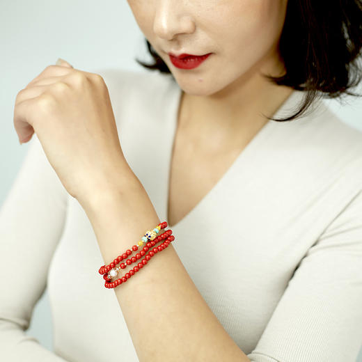 朱砂花丝三圈手串 搭配天然青金石蜜蜡松石珍珠 宫廷风时尚大气 醍醐原创国庆闪购饰品 商品图1