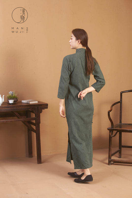 纯棉连肩七分袖提花树叶旗袍 商品图1