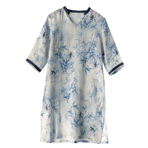 XJM4FD021-459361中国风复古中长款宽松上衣女棉麻印花显瘦禅意茶服连衣裙 商品图4