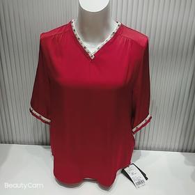 南3   尚牧女桑蚕丝撞色V领中袖T恤