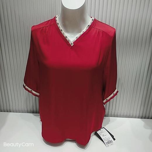 南3   尚牧女桑蚕丝撞色V领中袖T恤 商品图0