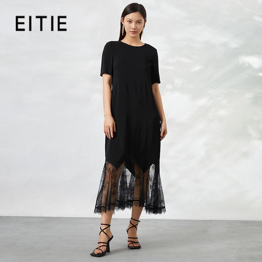 EITIE爱特爱夏季新款拼接蕾丝钩花镂空不规则短袖连衣裙6607366 商品图0