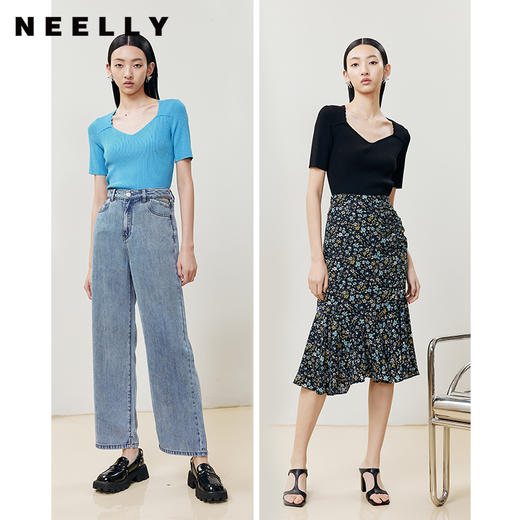 NEELLY纳俪商场同款短袖针织衫女短款修身套头上衣露锁骨针织衫N22061A01178 商品图1