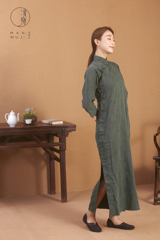 纯棉连肩七分袖提花树叶旗袍 商品图7