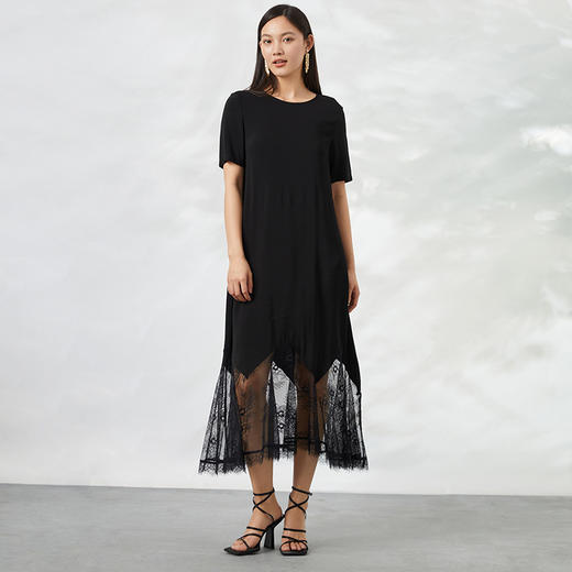 EITIE爱特爱夏季新款拼接蕾丝钩花镂空不规则短袖连衣裙6607366 商品图3