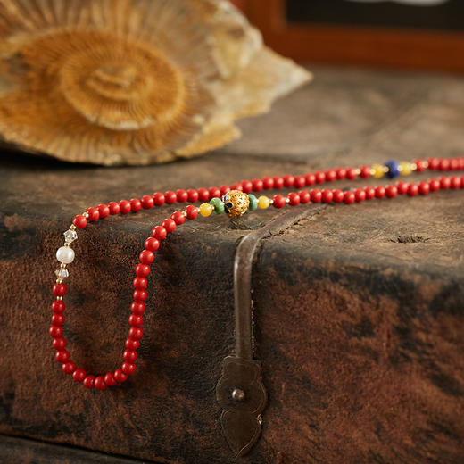 朱砂花丝三圈手串 搭配天然青金石蜜蜡松石珍珠 宫廷风时尚大气 醍醐原创国庆闪购饰品 商品图4