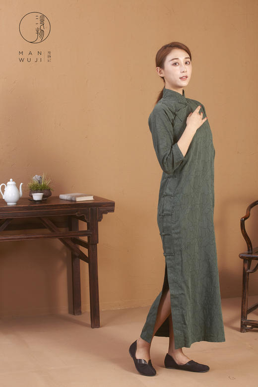 纯棉连肩七分袖提花树叶旗袍 商品图6