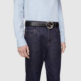 Gucci 古驰 男士4厘米宽 Signature皮革印压双G logo真皮腰带 411924