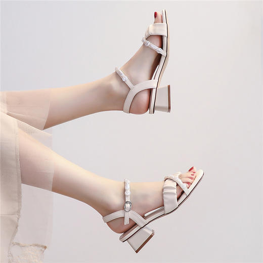 ZHR粗跟凉鞋女2022年新款夏季方头绑带仙女风珍珠一字带中跟女鞋 商品图5