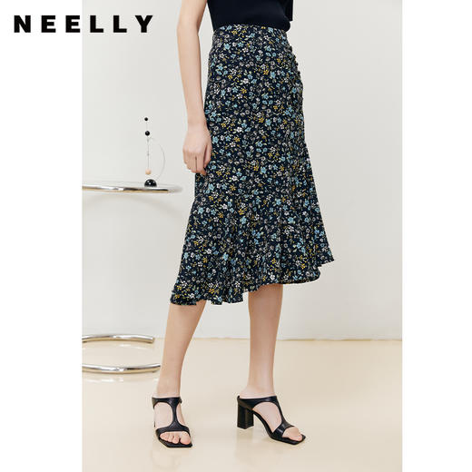NEELLY纳俪商场同款碎花半身裙女不规则高腰鱼尾裙中长款A字裙夏N22061E01187 商品图0