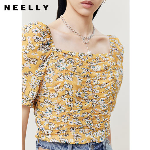 NEELLY纳俪商场同款法式方领泡泡袖衬衫女抽皱显瘦设计短款雪纺衫N22061R01181 商品图2