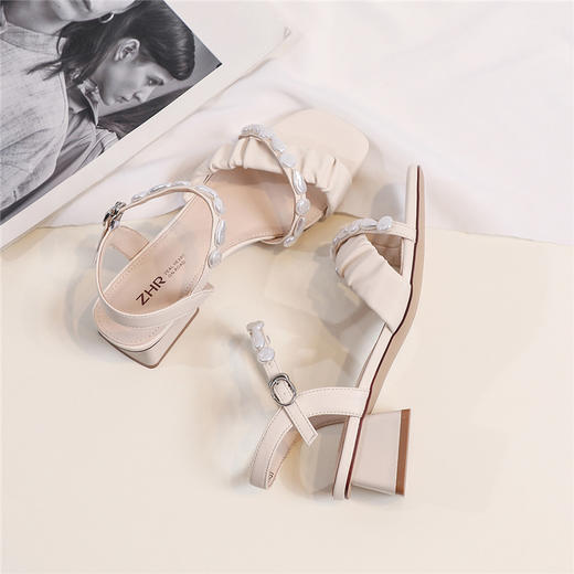 ZHR粗跟凉鞋女2022年新款夏季方头绑带仙女风珍珠一字带中跟女鞋 商品图4