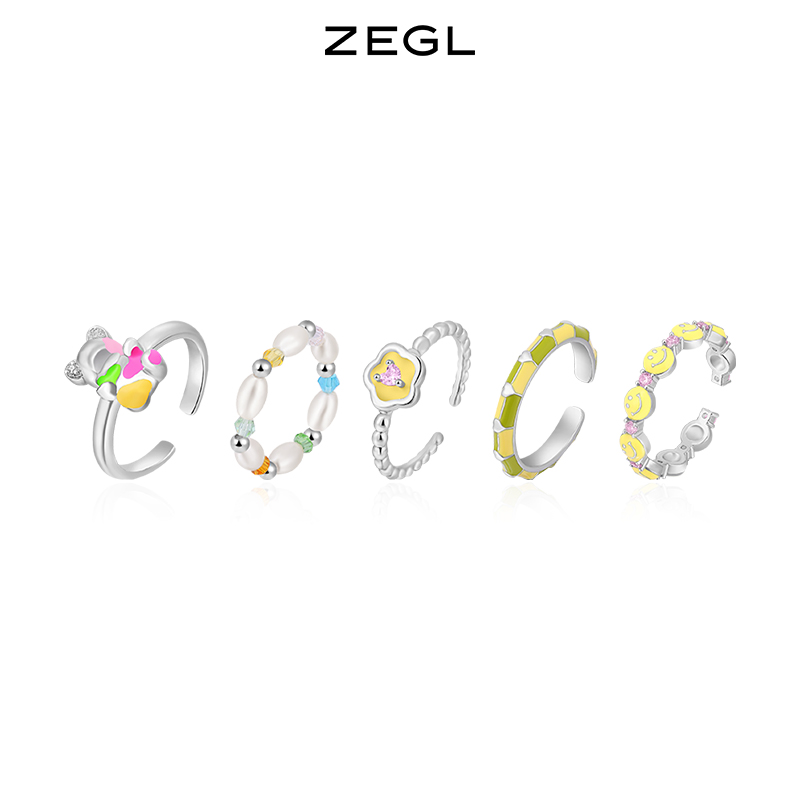 ZEGL设计师彩虹串珠戒指女夏日多巴胺穿搭彩色小众开口笑脸食指戒