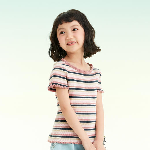 mettekids儿童短袖T恤2022新款女童圆领夏装彩色条纹花边领上衣 商品图2