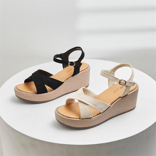 ZHR厚底凉鞋女2022年新款夏季百搭坡跟轻便复古一字带女鞋子 商品图2