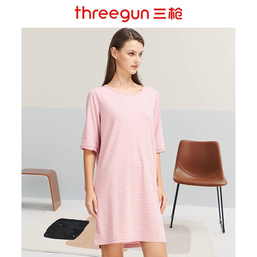 Threegun三枪 【彩条爽滑密棉】圆领中袖女士家居裙睡裙-70389A911 商品图3