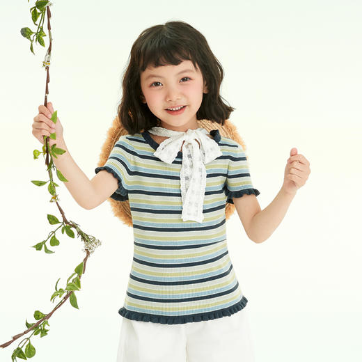 mettekids儿童短袖T恤2022新款女童圆领夏装彩色条纹花边领上衣 商品图4