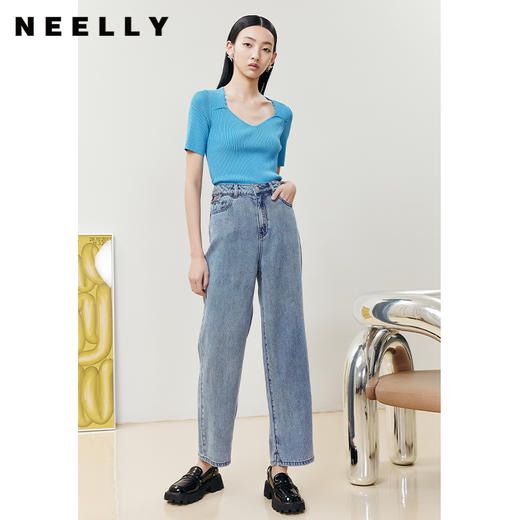 NEELLY纳俪商场同款短袖针织衫女短款修身套头上衣露锁骨针织衫N22061A01178 商品图2
