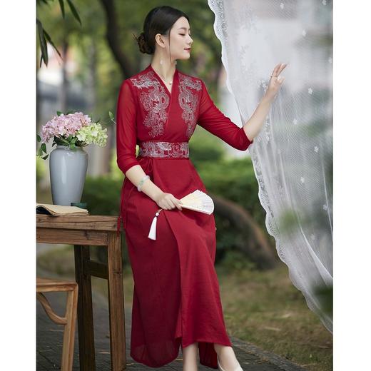 国风时尚女士中式双龙戏珠刺绣连衣裙(带腰封) LX21079 商品图0