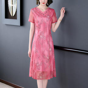 洋气妈妈装V领，时尚夏季高端网纱连衣裙YMR-8605