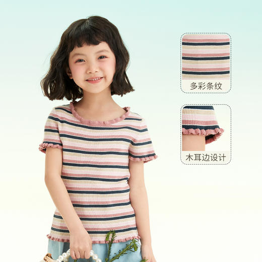 mettekids儿童短袖T恤2022新款女童圆领夏装彩色条纹花边领上衣 商品图1