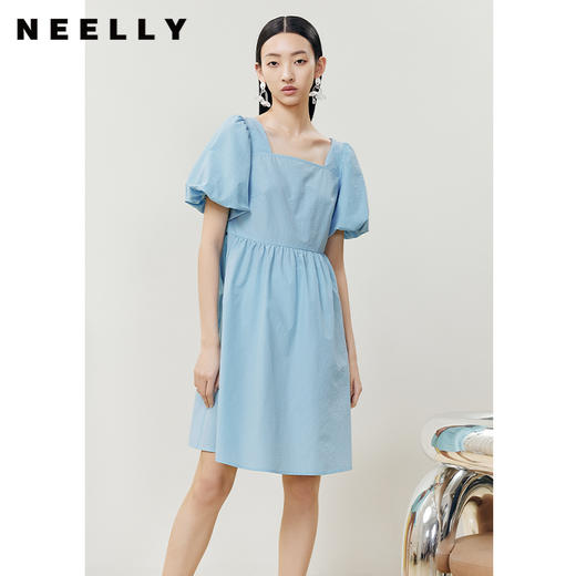 NEELLY纳俪商场同款方领泡泡袖连衣裙女收腰气质大摆裙夏季A字裙N22061Y01191 商品图3
