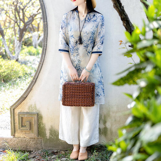 XJM4FD021-459361中国风复古中长款宽松上衣女棉麻印花显瘦禅意茶服连衣裙 商品图1