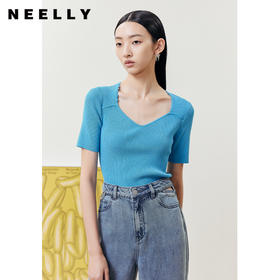 NEELLY纳俪商场同款短袖针织衫女短款修身套头上衣露锁骨针织衫N22061A01178