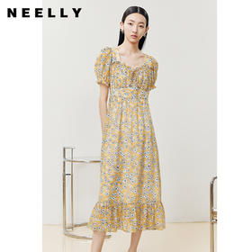 NEELLY纳俪商场同款夏季连衣裙女松紧抽绳领口气质长裙收腰大摆裙N22061Y01193