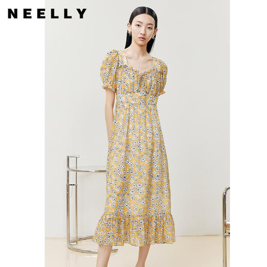 NEELLY纳俪商场同款夏季连衣裙女松紧抽绳领口气质长裙收腰大摆裙N22061Y01193 商品图0