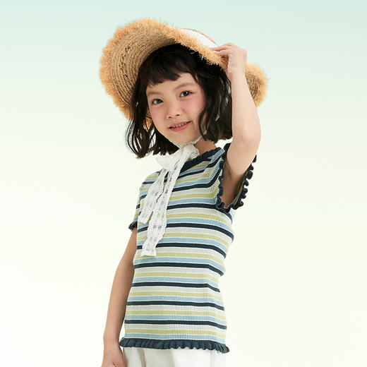 mettekids儿童短袖T恤2022新款女童圆领夏装彩色条纹花边领上衣 商品图3