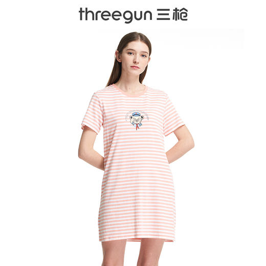 Threegun三枪 【彩条水柔棉】圆领短袖女士家居裙睡裙-70390A911 商品图1