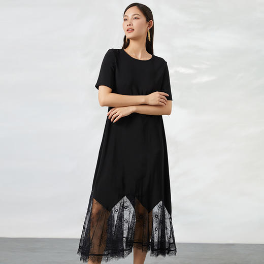 EITIE爱特爱夏季新款拼接蕾丝钩花镂空不规则短袖连衣裙6607366 商品图2