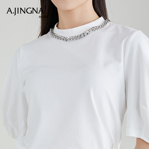【特价不退换】阿菁娜春夏别致设计泡泡袖链条棉弹短款T恤F27C202020 商品图3