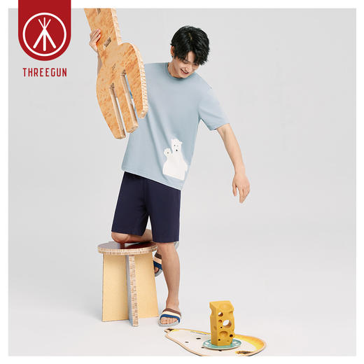 Threegun三枪 【舒感棉】圆领短袖短裤男士家居套家居服-82067D011 商品图3
