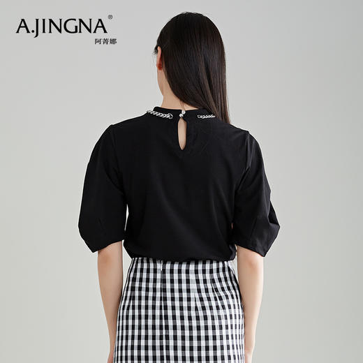 【特价不退换】阿菁娜春夏别致设计泡泡袖链条棉弹短款T恤F27C202020 商品图2