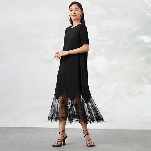 EITIE爱特爱夏季新款拼接蕾丝钩花镂空不规则短袖连衣裙6607366 商品图1