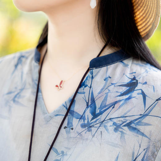 XJM4FD021-459361中国风复古中长款宽松上衣女棉麻印花显瘦禅意茶服连衣裙 商品图3